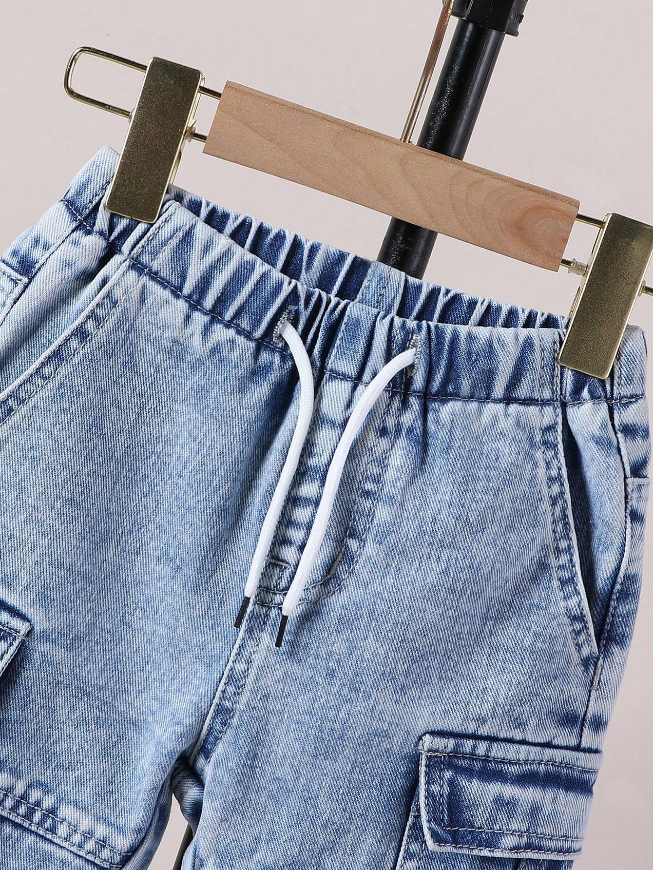 Baby Boys Vintage Casual Streetwear Loose Comfy Multi-Pocket Elastic Waist Drawstring Ankle-Tie Washed Light Blue Denim Cargo Pants