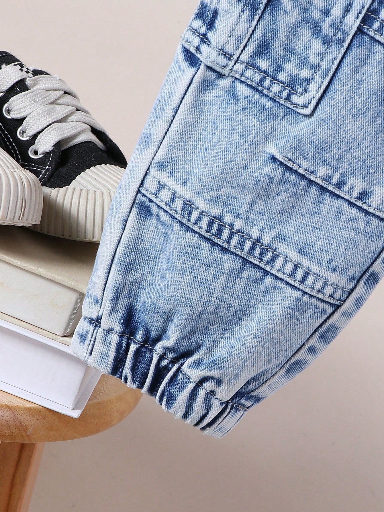 Baby Boys Vintage Casual Streetwear Loose Comfy Multi-Pocket Elastic Waist Drawstring Ankle-Tie Washed Light Blue Denim Cargo Pants