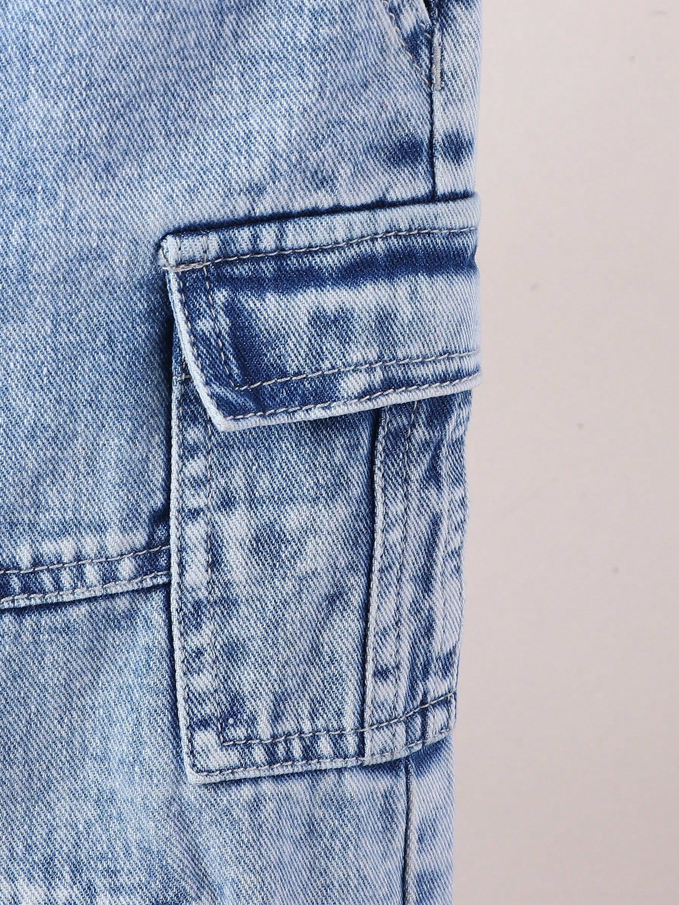 Baby Boys Vintage Casual Streetwear Loose Comfy Multi-Pocket Elastic Waist Drawstring Ankle-Tie Washed Light Blue Denim Cargo Pants