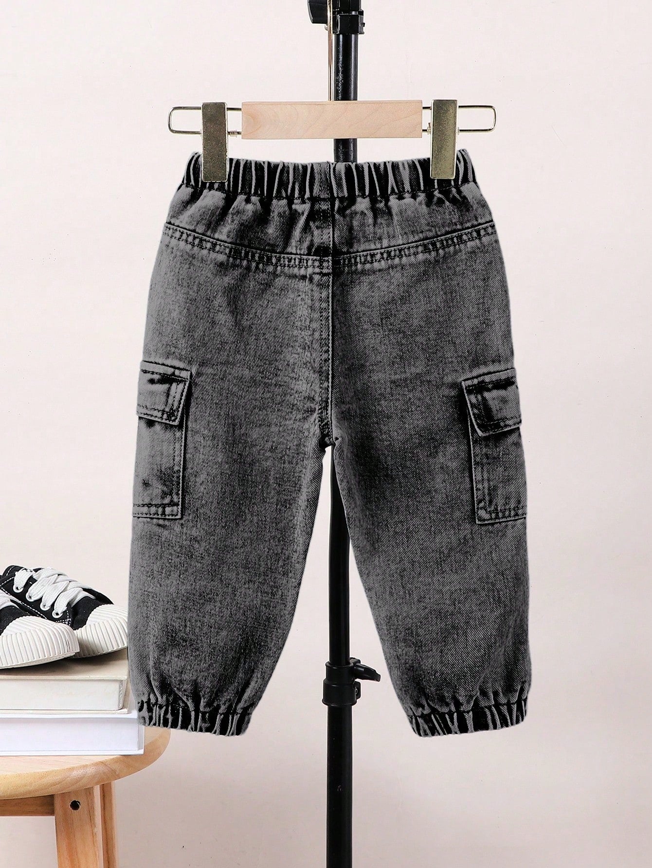 Baby Boys Vintage Casual Streetwear Loose Comfy Multi-Pocket Elastic Waist Drawstring Ankle-Tie Washed Light Blue Denim Cargo Pants