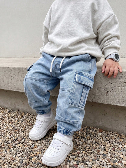 Baby Boys Vintage Casual Streetwear Loose Comfy Multi-Pocket Elastic Waist Drawstring Ankle-Tie Washed Light Blue Denim Cargo Pants