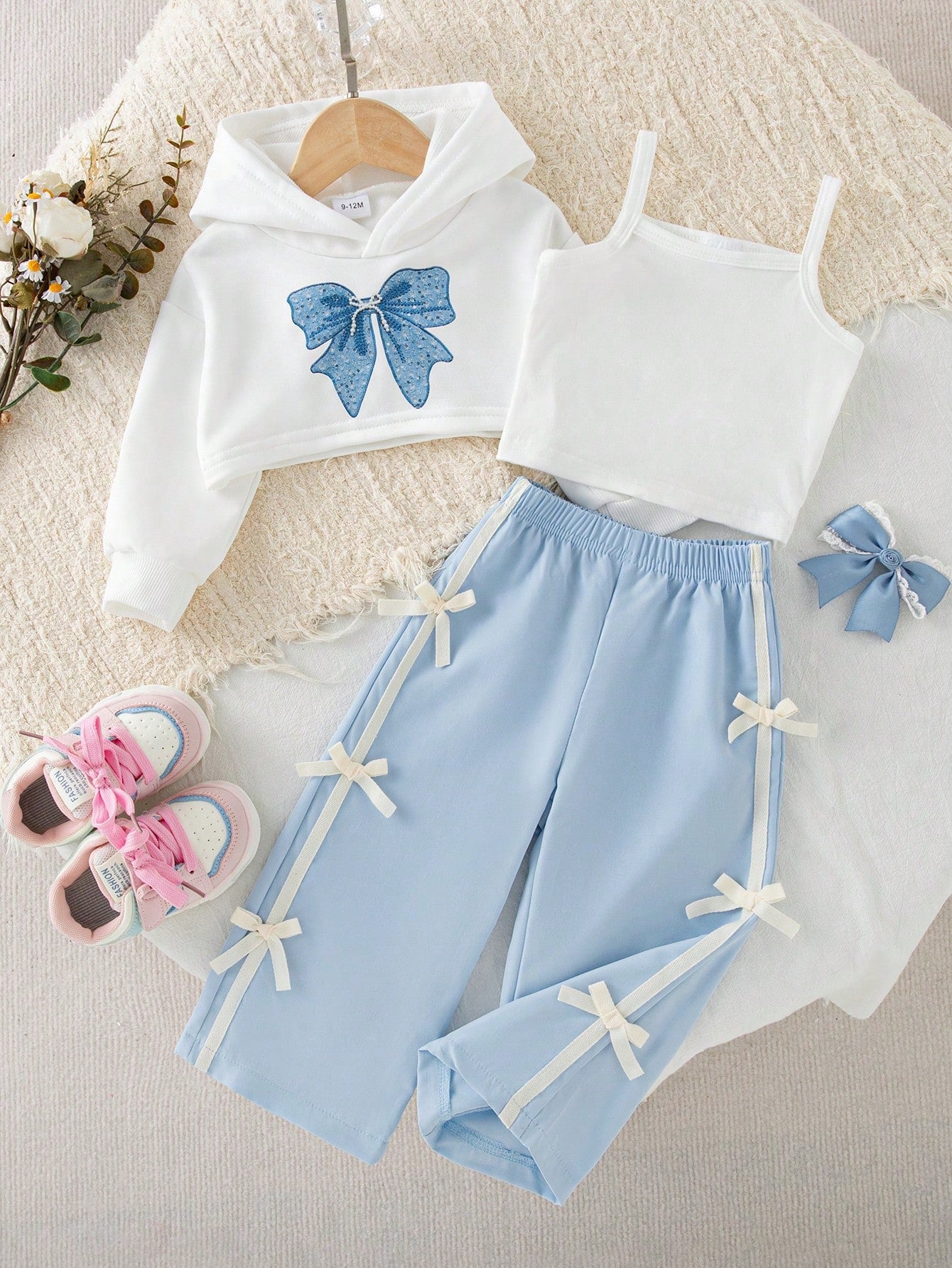 Baby Girl Autumn/Winter Casual 3-Piece Set, Spring/Autumn Hooded Short Sweatshirt & Camisole Top & Bow Wide Leg Pants, Stylish Outfit