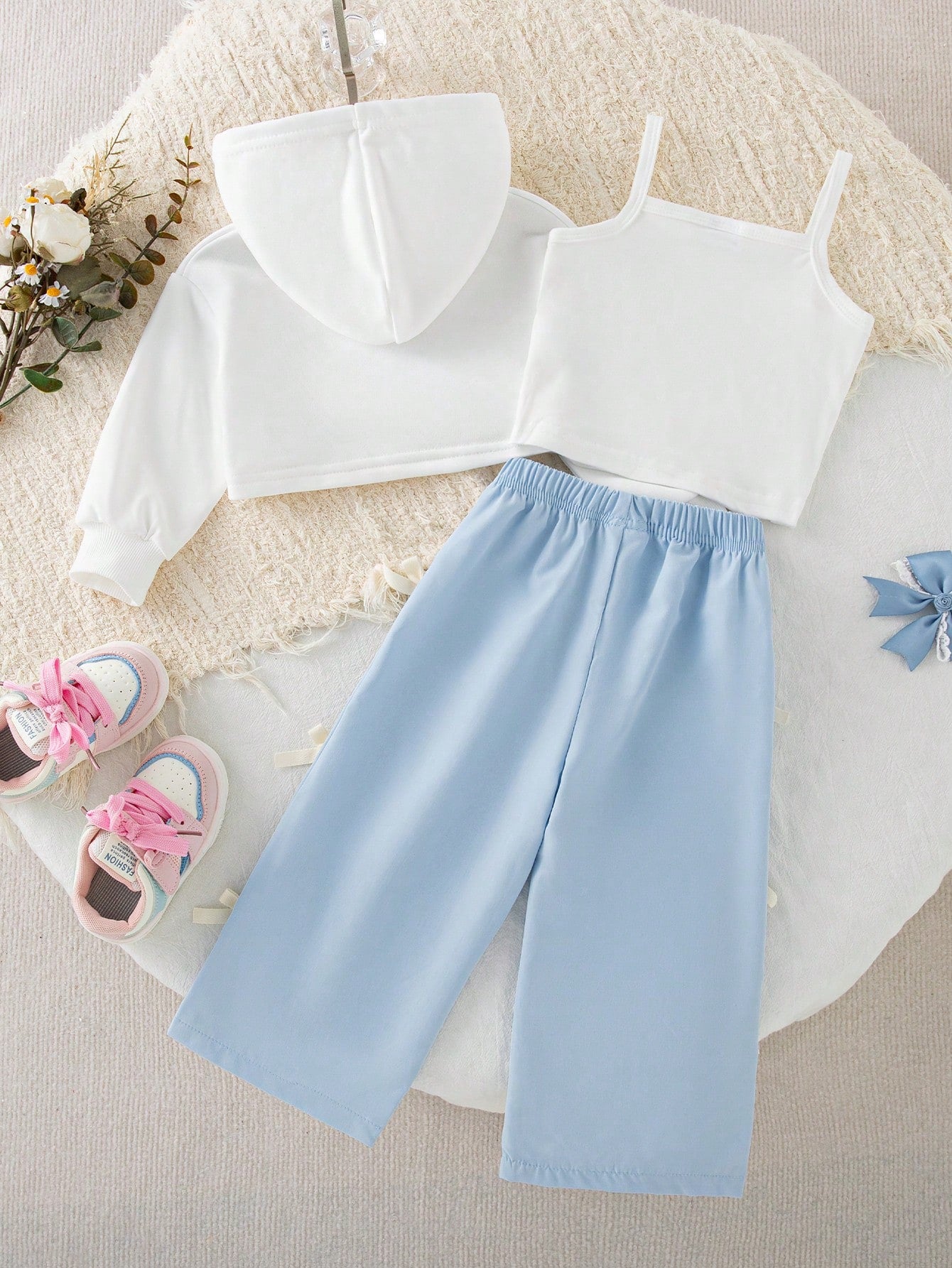 Baby Girl Autumn/Winter Casual 3-Piece Set, Spring/Autumn Hooded Short Sweatshirt & Camisole Top & Bow Wide Leg Pants, Stylish Outfit