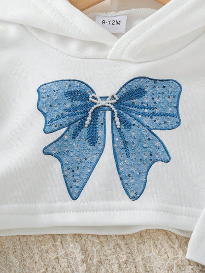 Baby Girl Autumn/Winter Casual 3-Piece Set, Spring/Autumn Hooded Short Sweatshirt & Camisole Top & Bow Wide Leg Pants, Stylish Outfit