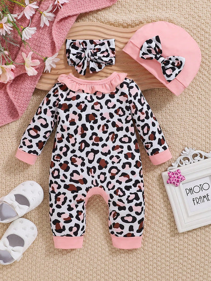 Baby Girl Autumn/Winter Pink Leopard Print Letter Print Jumpsuit With Hat