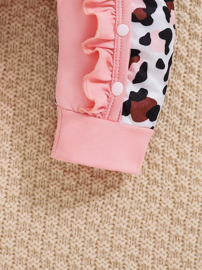 Baby Girl Autumn/Winter Pink Leopard Print Letter Print Jumpsuit With Hat