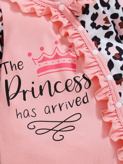 Baby Girl Autumn/Winter Pink Leopard Print Letter Print Jumpsuit With Hat