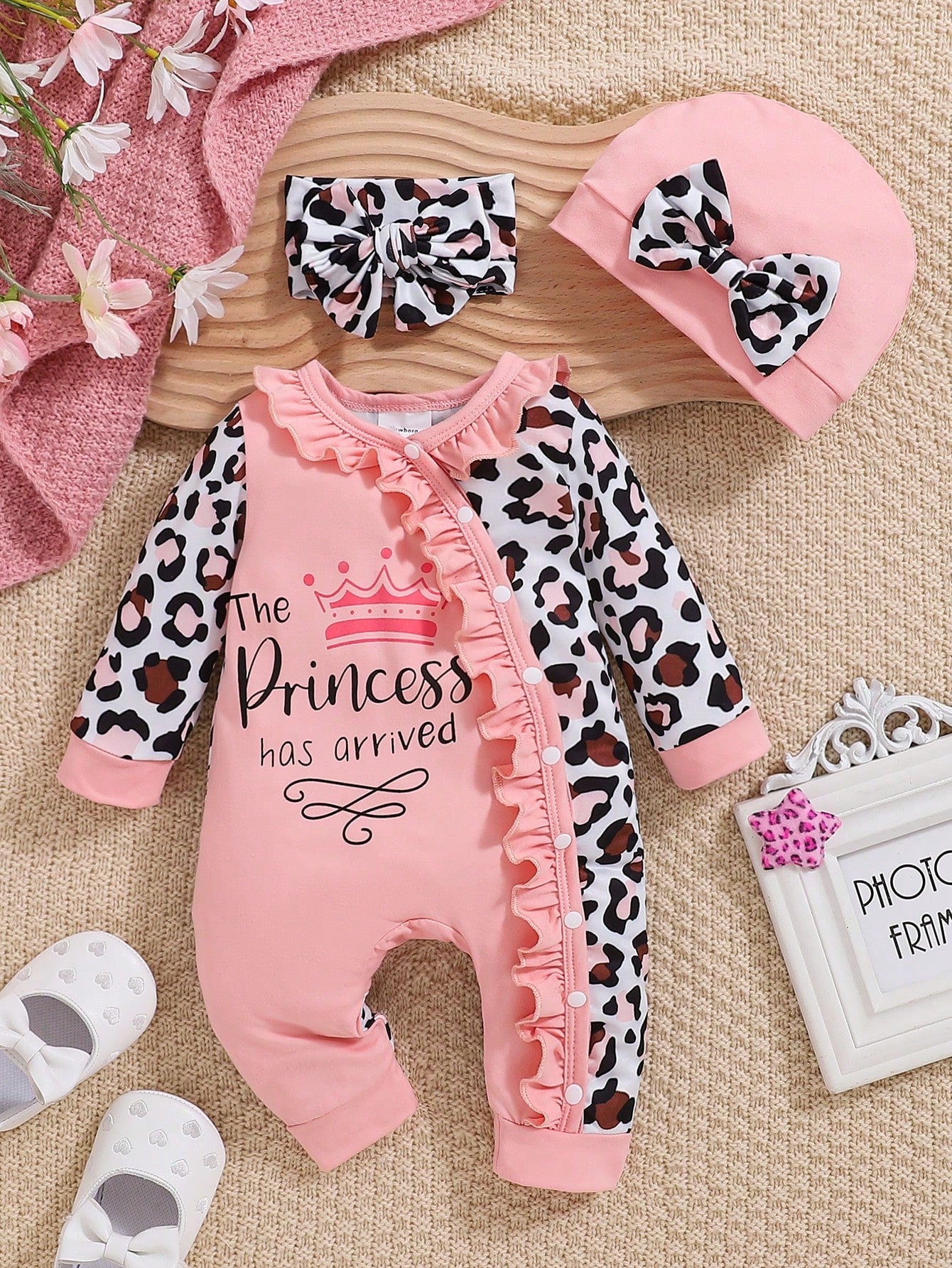 Baby Girl Autumn/Winter Pink Leopard Print Letter Print Jumpsuit With Hat