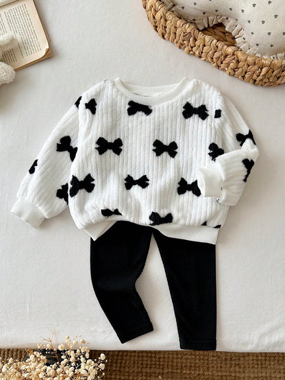 Baby Girl Black & White Jacquard Contrast Bow Soft Plush Pullover Sweatshirt Casual Sporty Versatile All-Match Base Layer Long Autumn Winter Pants Set