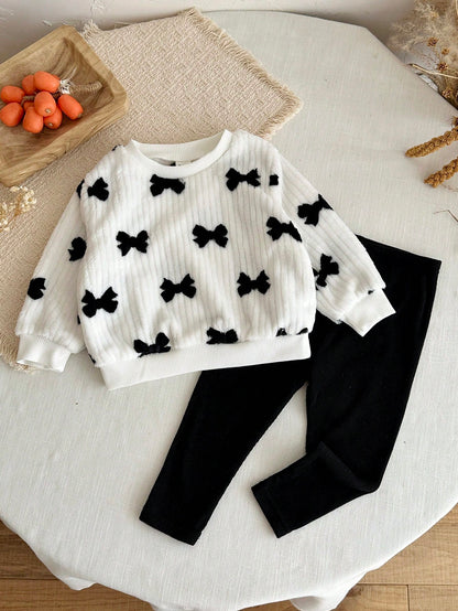 Baby Girl Black & White Jacquard Contrast Bow Soft Plush Pullover Sweatshirt Casual Sporty Versatile All-Match Base Layer Long Autumn Winter Pants Set