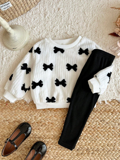 Baby Girl Black & White Jacquard Contrast Bow Soft Plush Pullover Sweatshirt Casual Sporty Versatile All-Match Base Layer Long Autumn Winter Pants Set