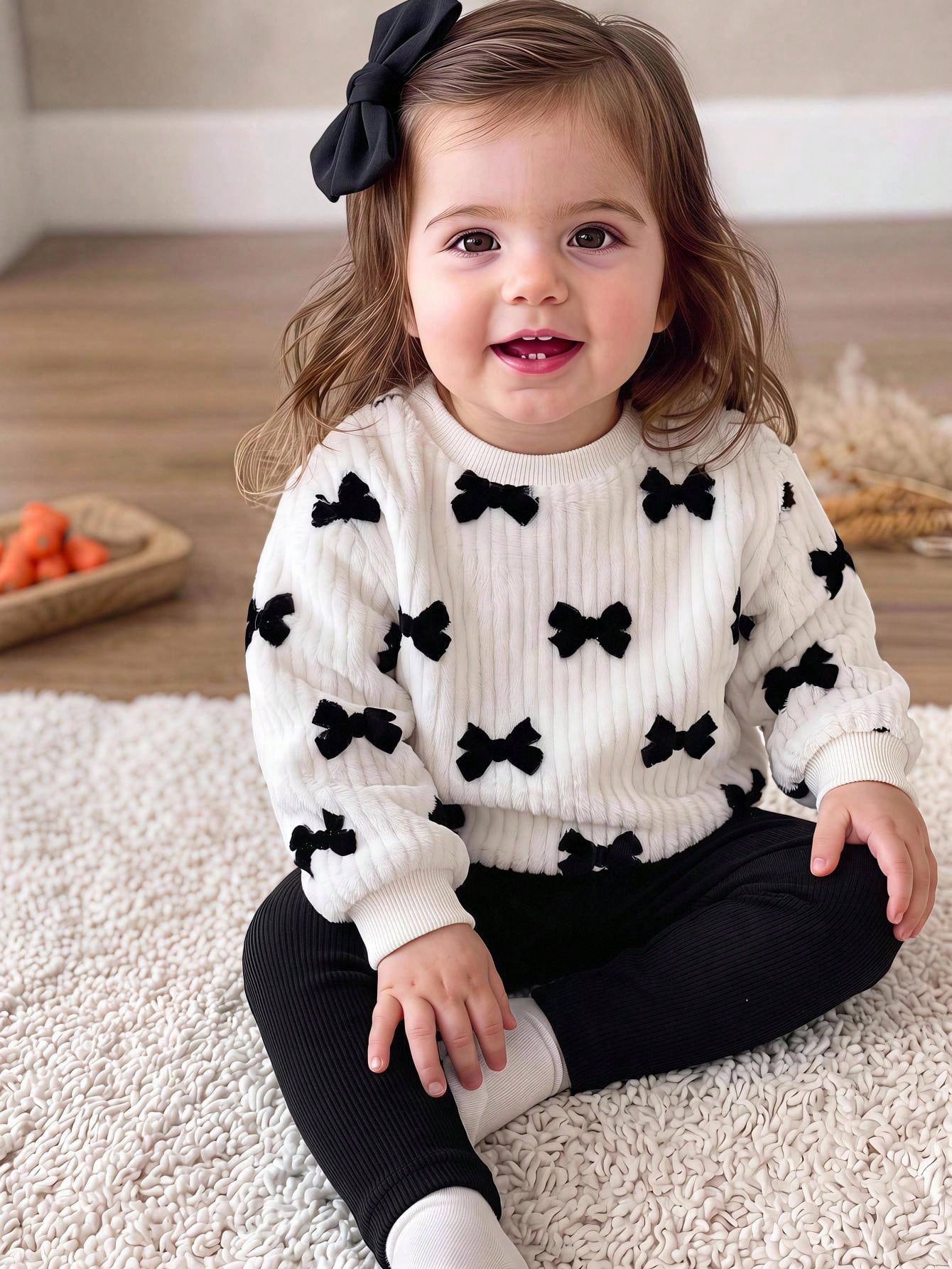 Baby Girl Black & White Jacquard Contrast Bow Soft Plush Pullover Sweatshirt Casual Sporty Versatile All-Match Base Layer Long Autumn Winter Pants Set