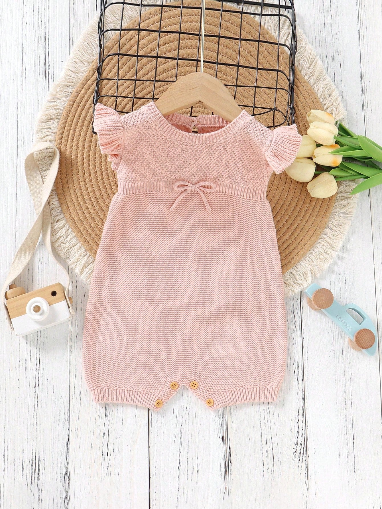 Baby Girl Bow Decor Cap Sleeve Knit Romper
