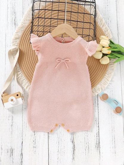 Baby Girl Bow Decor Cap Sleeve Knit Romper
