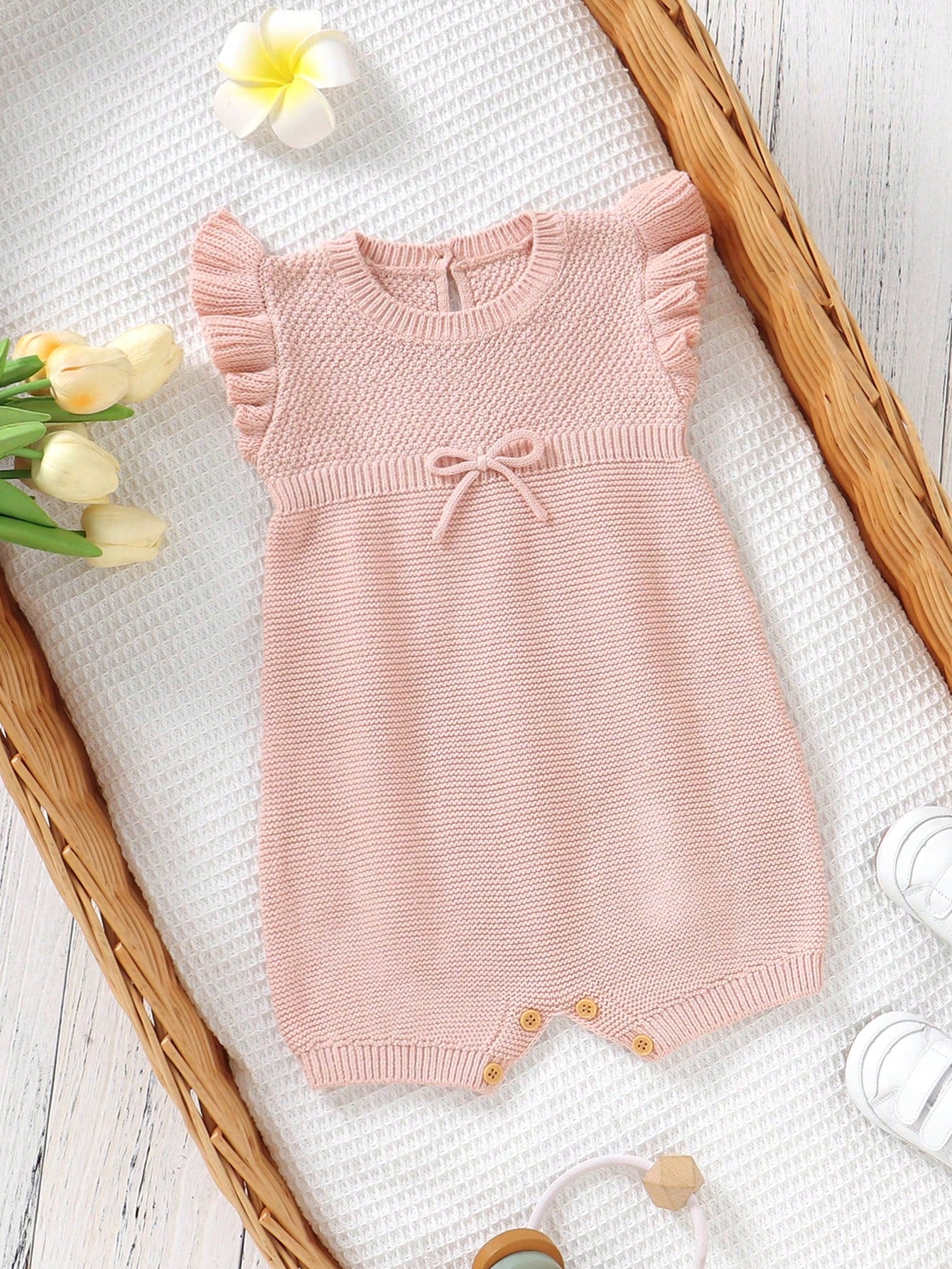 Baby Girl Bow Decor Cap Sleeve Knit Romper