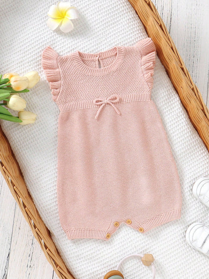 Baby Girl Bow Decor Cap Sleeve Knit Romper