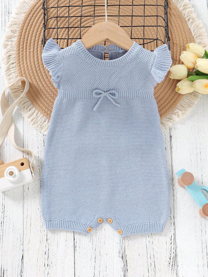 Baby Girl Bow Decor Cap Sleeve Knit Romper