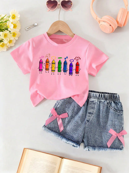Baby Girl Cartoon Print Short Sleeve Top And Solid Color Denim Shorts