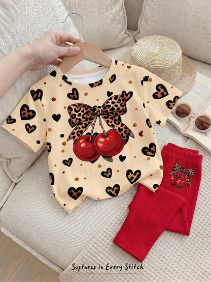 Baby Girl Casual Simple Round Neck Loose Short Sleeve T-Shirt And Tight Leggings Set Suitable For Spring And Summer