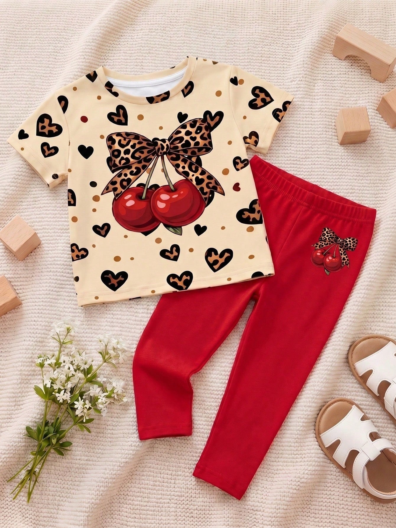Baby Girl Casual Simple Round Neck Loose Short Sleeve T-Shirt And Tight Leggings Set Suitable For Spring And Summer