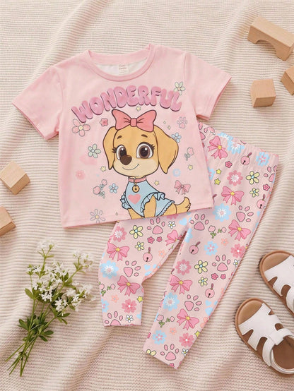 Baby Girl Casual Simple Round Neck Loose Short Sleeve T-Shirt And Tight Leggings Set Suitable For Spring And Summer