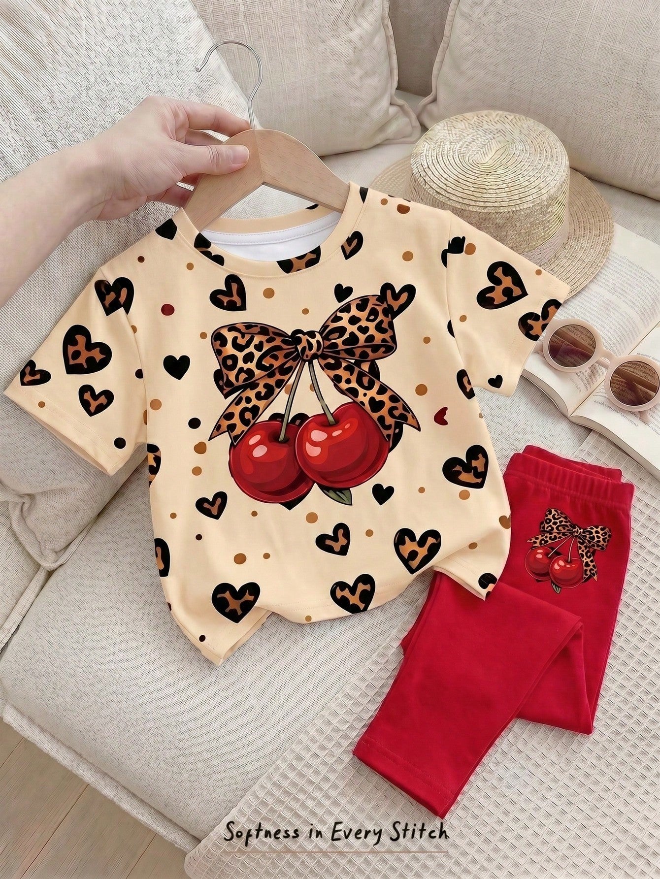 Baby Girl Casual Simple Round Neck Loose Short Sleeve T-Shirt And Tight Leggings Set Suitable For Spring And Summer