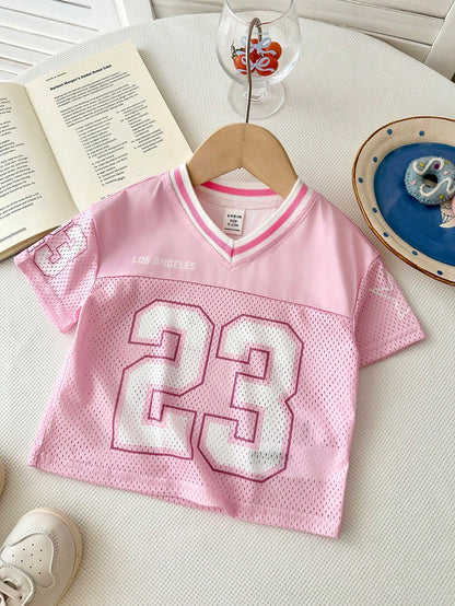 Baby Girl Fashion Sports Street Style Pink & White #23 Graphic Loose Casual T-Shirt, Baby Girl Baby Clothes Pink Tshirt For Baby Girl Baby Tops