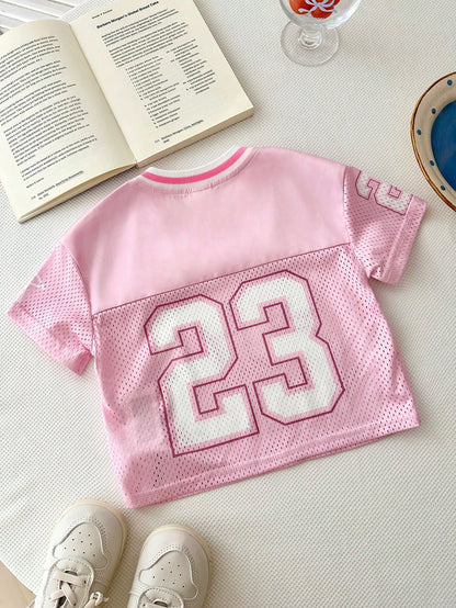 Baby Girl Fashion Sports Street Style Pink & White #23 Graphic Loose Casual T-Shirt, Baby Girl Baby Clothes Pink Tshirt For Baby Girl Baby Tops
