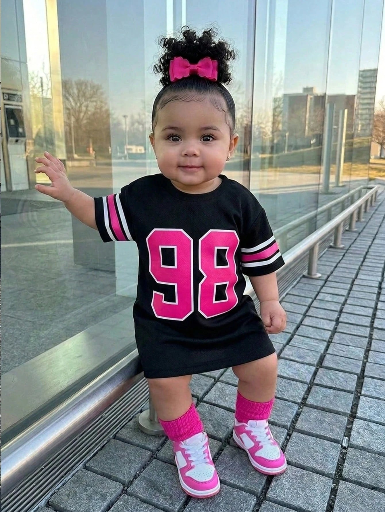 Baby Girl Fashion Street Style Round Neck Numeric Print Jumper Dress, Pink, Black