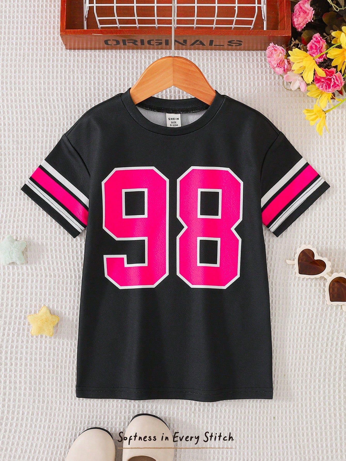 Baby Girl Fashion Street Style Round Neck Numeric Print Jumper Dress, Pink, Black