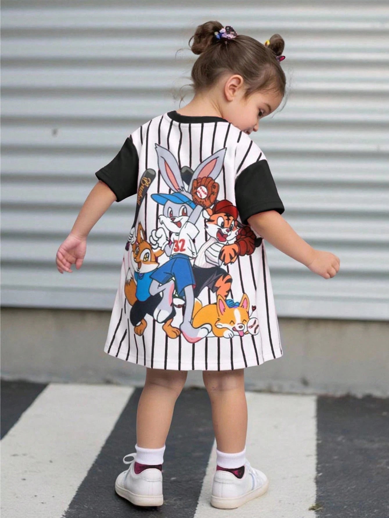 Baby Girl Fashion Street Style Round Neck Numeric Print Jumper Dress, Pink, Black
