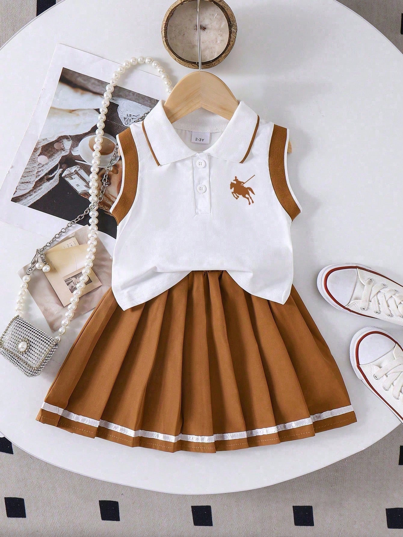 Baby Girl Knight Print Polo Neck Vest And Pleated Skirt Casual Outfit
