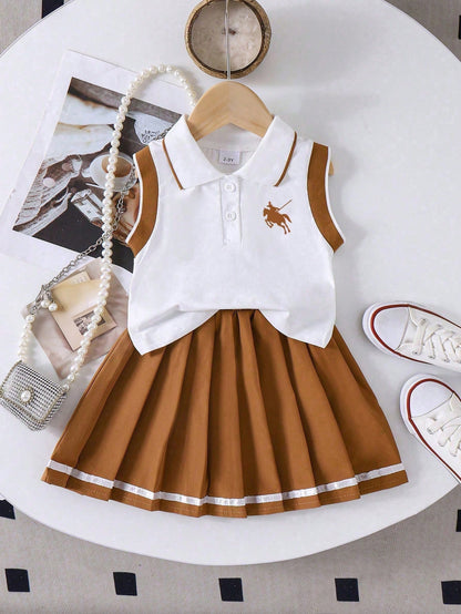 Baby Girl Knight Print Polo Neck Vest And Pleated Skirt Casual Outfit