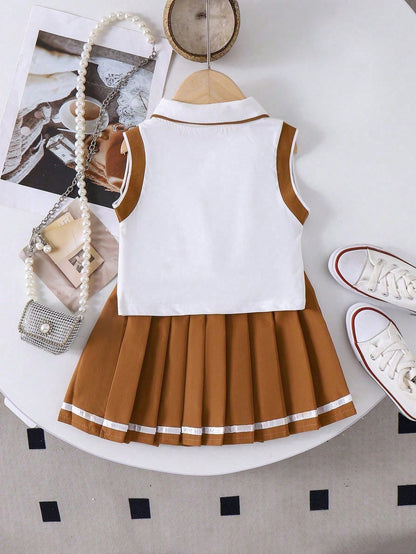 Baby Girl Knight Print Polo Neck Vest And Pleated Skirt Casual Outfit