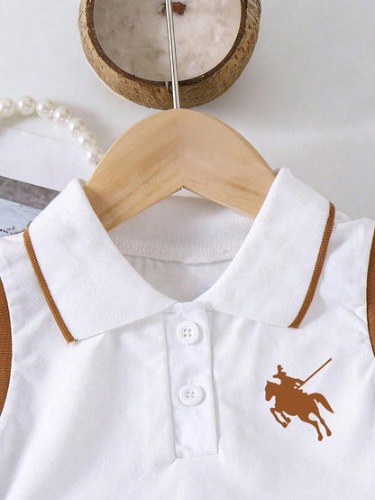Baby Girl Knight Print Polo Neck Vest And Pleated Skirt Casual Outfit