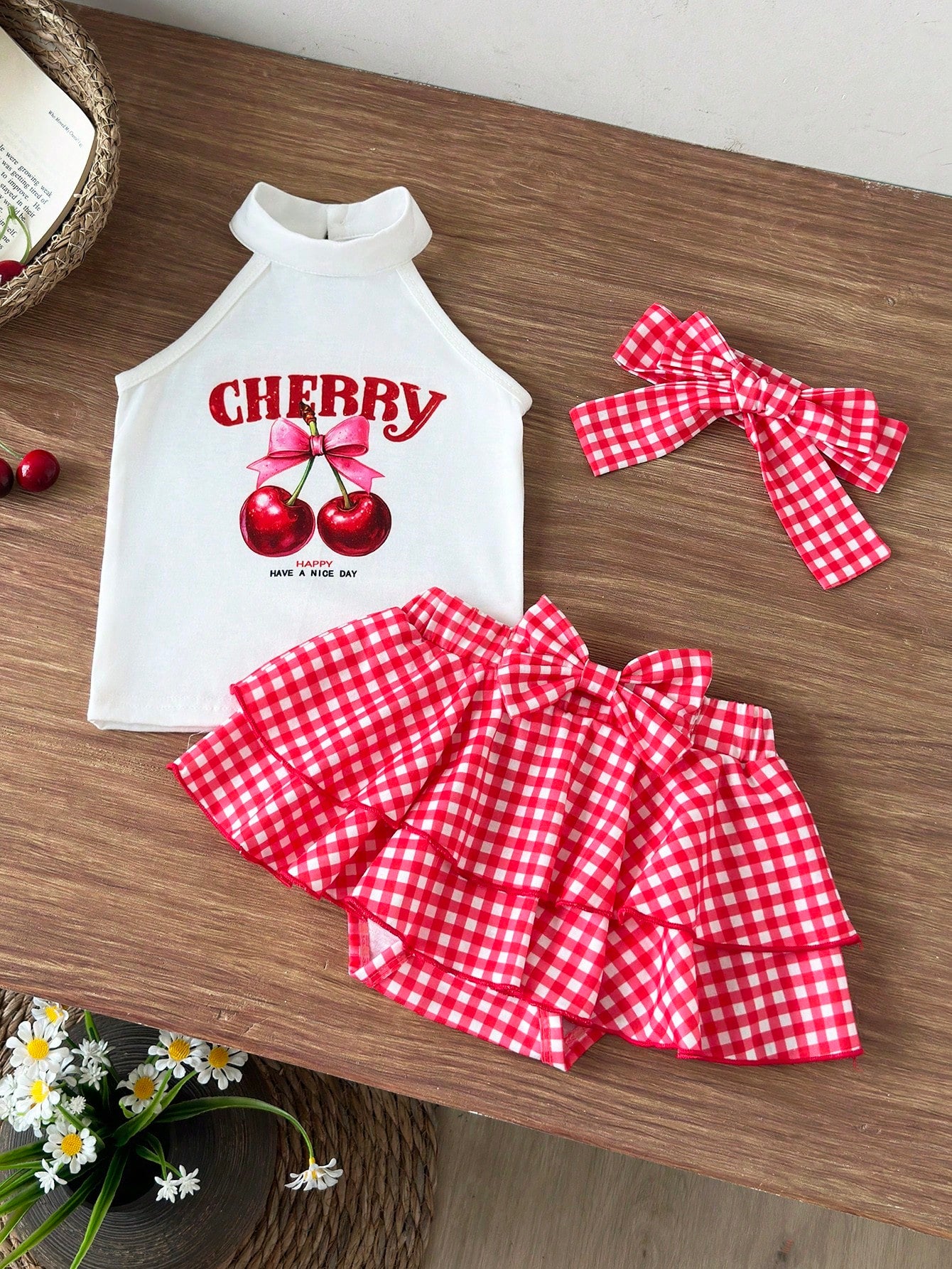 Baby Girl Letter & Cherry Print Halter Top And Plaid Skort Set