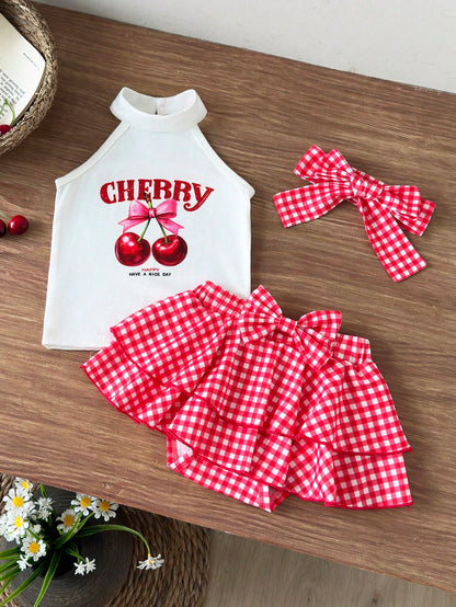 Baby Girl Letter & Cherry Print Halter Top And Plaid Skort Set