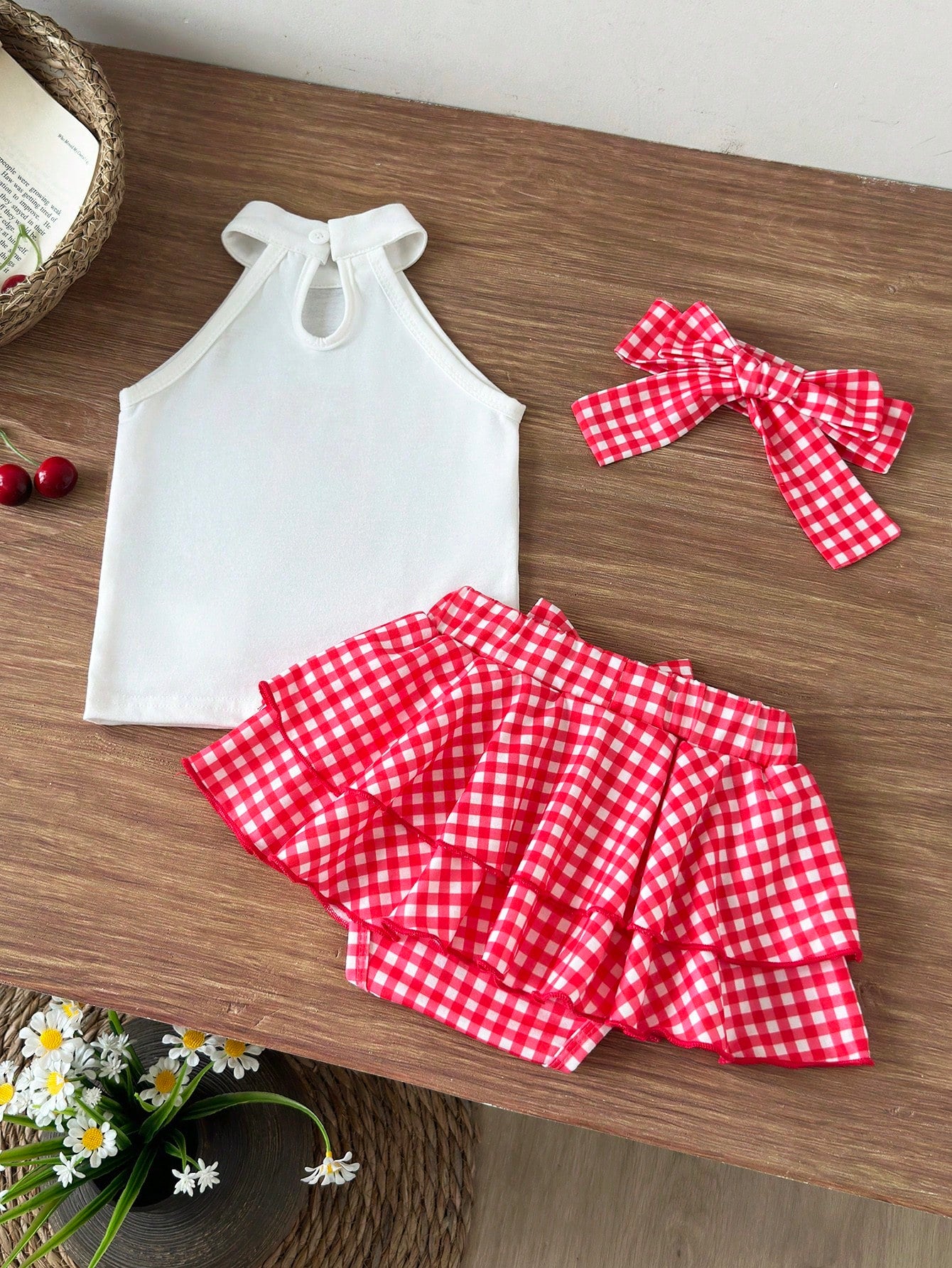 Baby Girl Letter & Cherry Print Halter Top And Plaid Skort Set