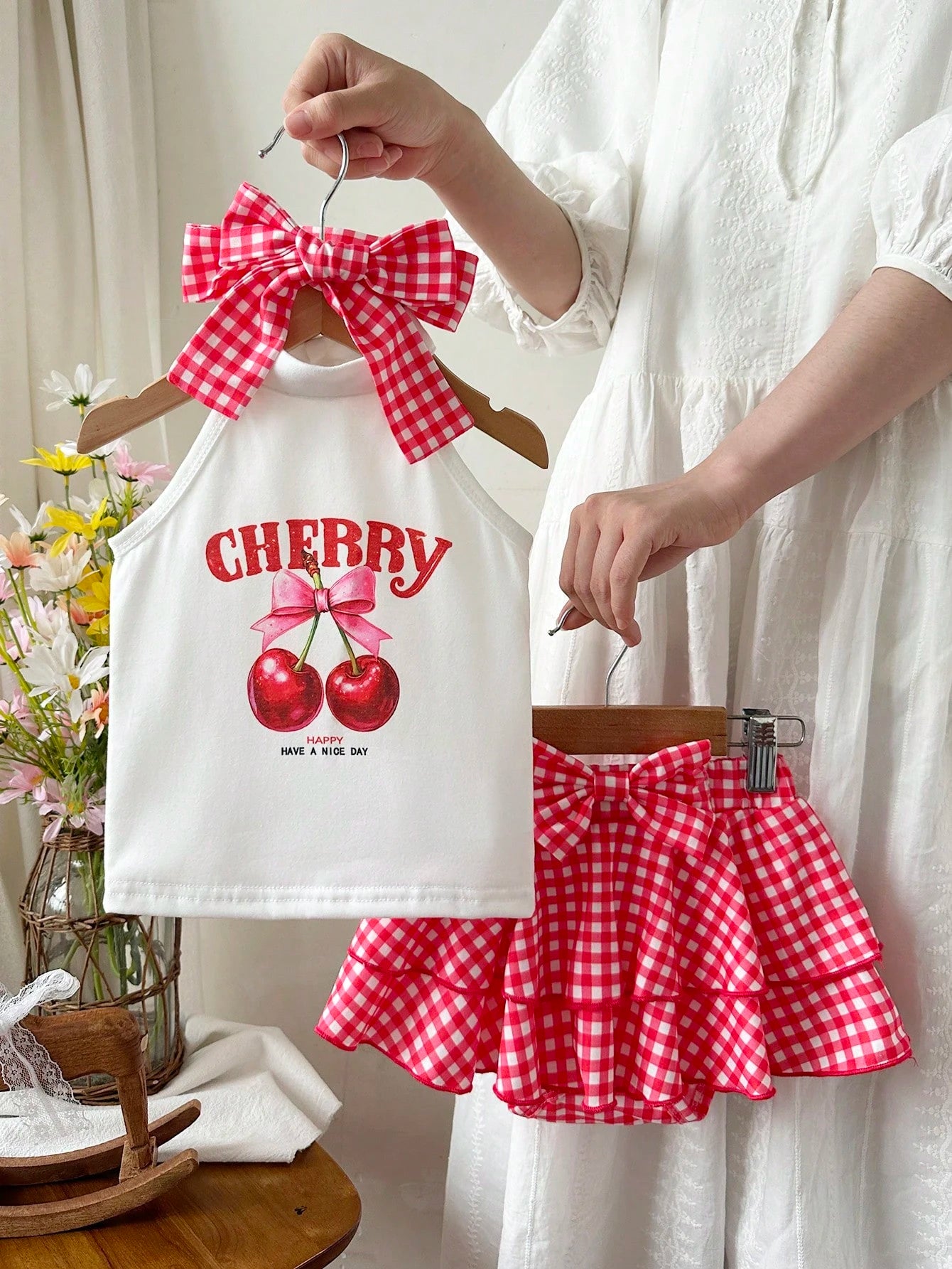 Baby Girl Letter & Cherry Print Halter Top And Plaid Skort Set