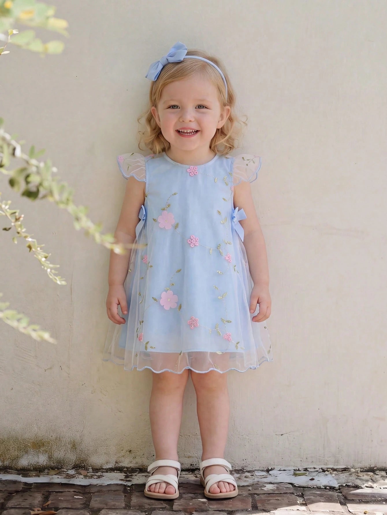 Baby Girl Newborn 0-3Y Light Blue Floral Princess Style 3D Mesh Bow Decor Dress,Cute Summer Birthday Party Evening Vacation Spring Summer Outfit