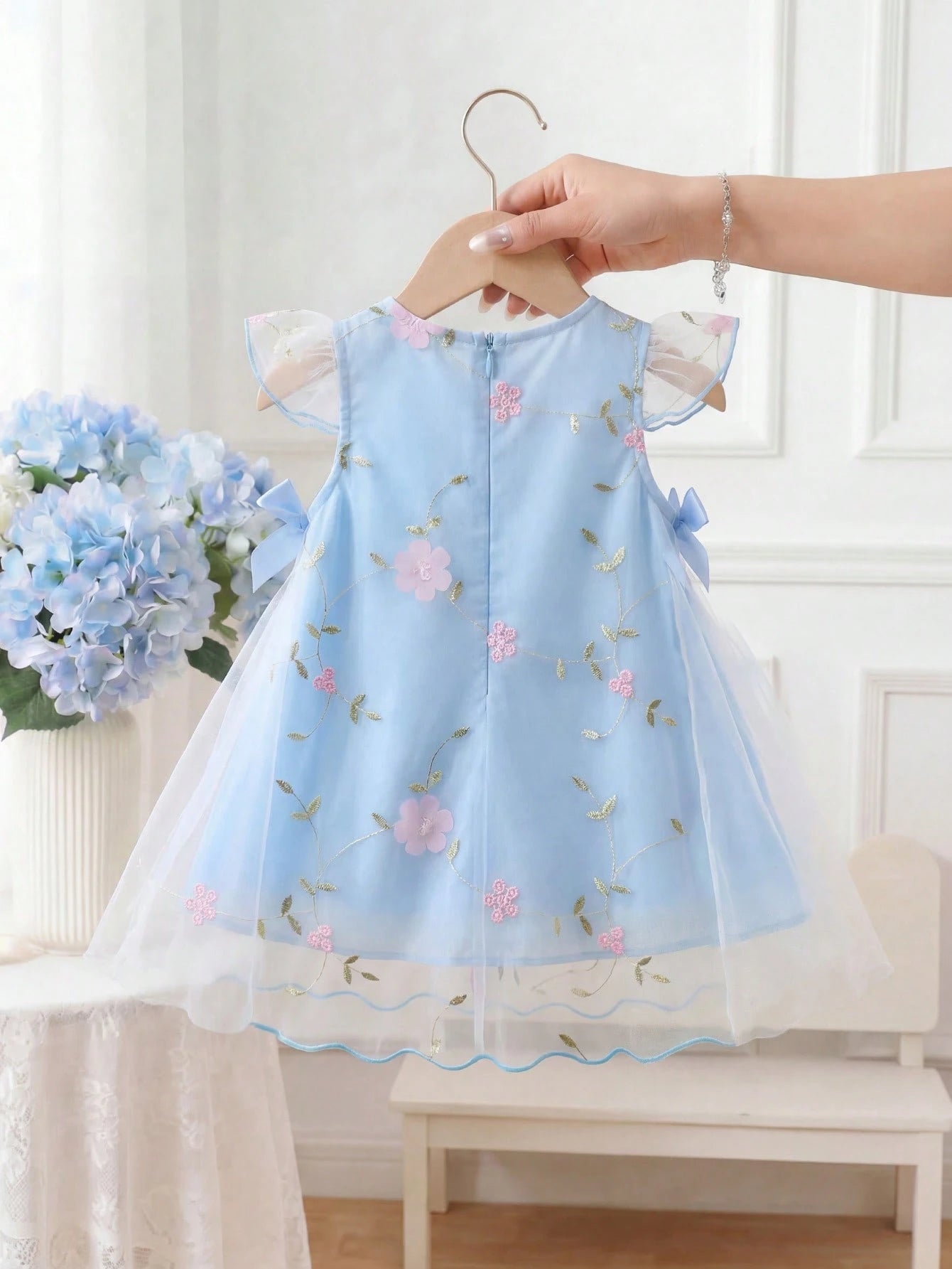 Baby Girl Newborn 0-3Y Light Blue Floral Princess Style 3D Mesh Bow Decor Dress,Cute Summer Birthday Party Evening Vacation Spring Summer Outfit