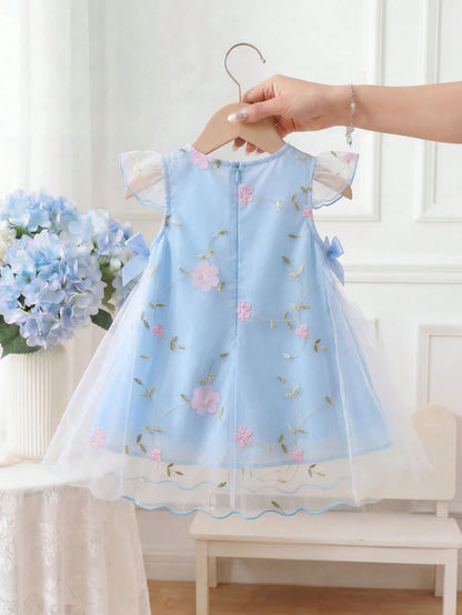 Baby Girl Newborn 0-3Y Light Blue Floral Princess Style 3D Mesh Bow Decor Dress,Cute Summer Birthday Party Evening Vacation Spring Summer Outfit
