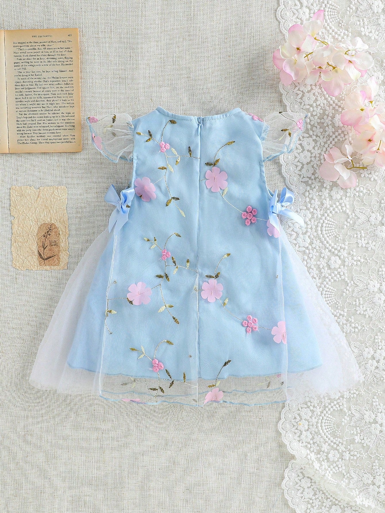 Baby Girl Newborn 0-3Y Light Blue Floral Princess Style 3D Mesh Bow Decor Dress,Cute Summer Birthday Party Evening Vacation Spring Summer Outfit