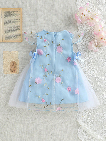 Baby Girl Newborn 0-3Y Light Blue Floral Princess Style 3D Mesh Bow Decor Dress,Cute Summer Birthday Party Evening Vacation Spring Summer Outfit
