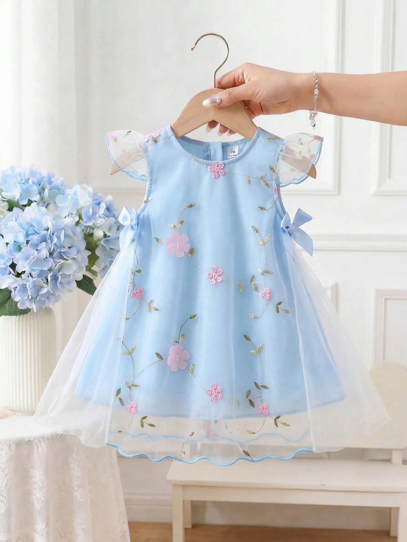 Baby Girl Newborn 0-3Y Light Blue Floral Princess Style 3D Mesh Bow Decor Dress,Cute Summer Birthday Party Evening Vacation Spring Summer Outfit