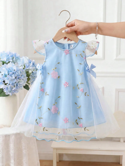 Baby Girl Newborn 0-3Y Light Blue Floral Princess Style 3D Mesh Bow Decor Dress,Cute Summer Birthday Party Evening Vacation Spring Summer Outfit