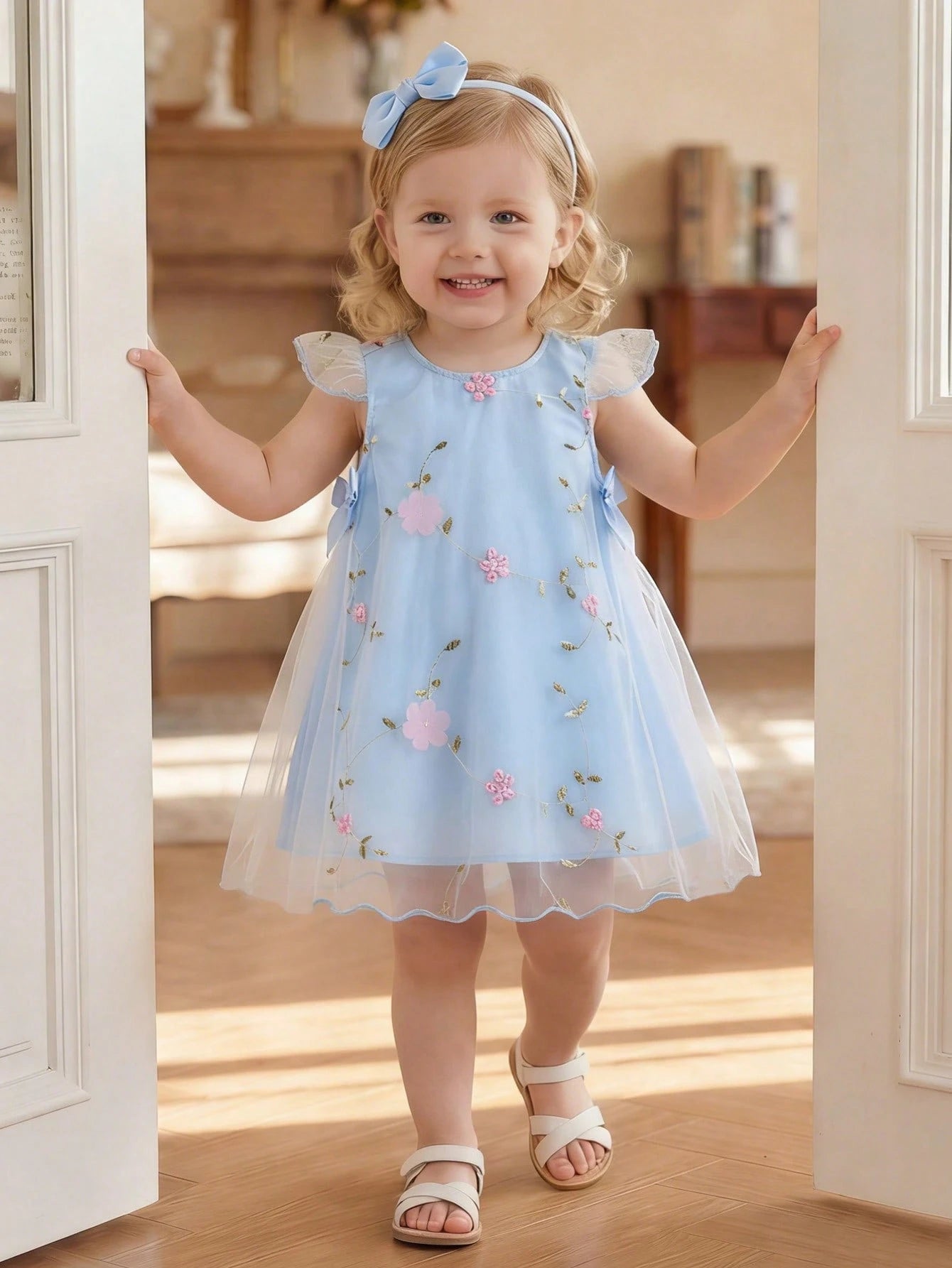 Baby Girl Newborn 0-3Y Light Blue Floral Princess Style 3D Mesh Bow Decor Dress,Cute Summer Birthday Party Evening Vacation Spring Summer Outfit