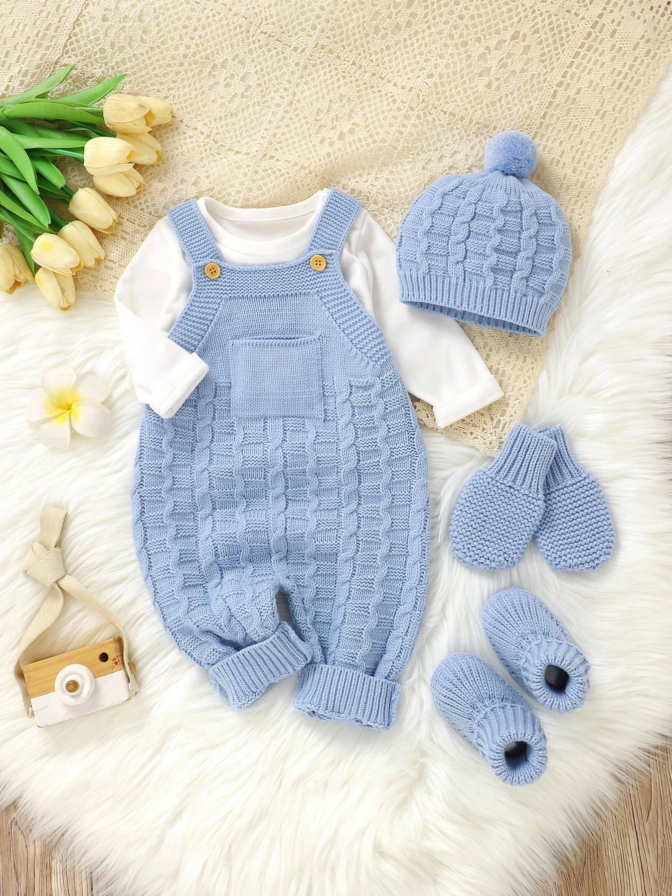 Baby Girl Solid Color Knitted Jumpsuit With Pockets, Hat, Gloves And Shoes Casual Set, Autumn/Winter Fall