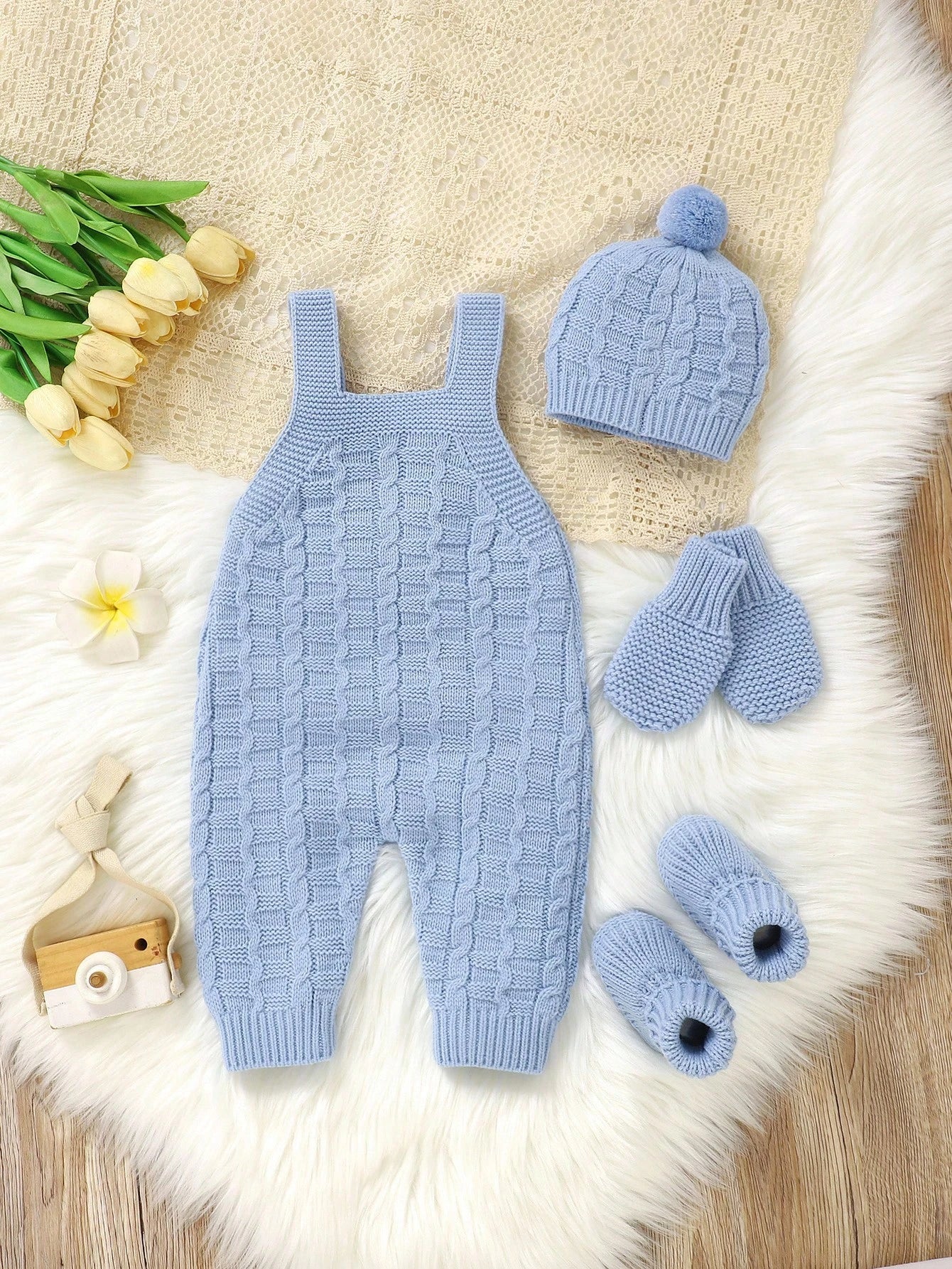 Baby Girl Solid Color Knitted Jumpsuit With Pockets, Hat, Gloves And Shoes Casual Set, Autumn/Winter Fall