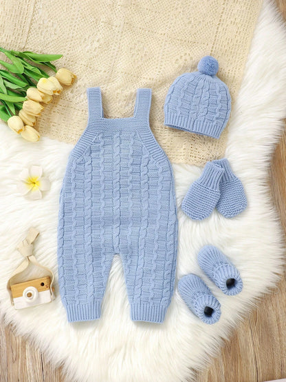 Baby Girl Solid Color Knitted Jumpsuit With Pockets, Hat, Gloves And Shoes Casual Set, Autumn/Winter Fall